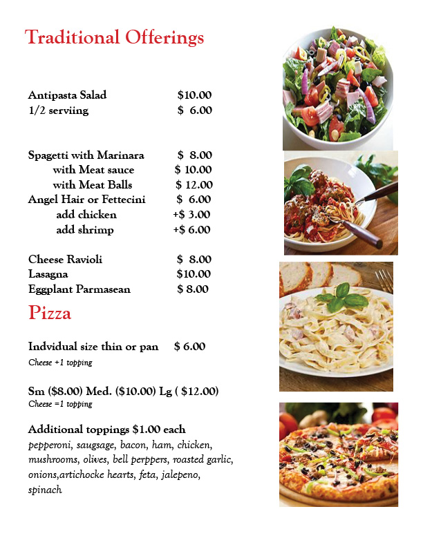pizza and pasta menu